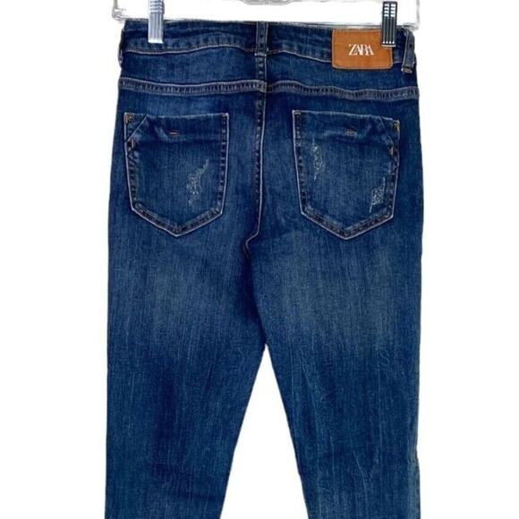 ZARA High Rise Semi Distressed Skinny Jean Pockets Stretch 2 Dark Wash #4034 - Picture 8 of 15